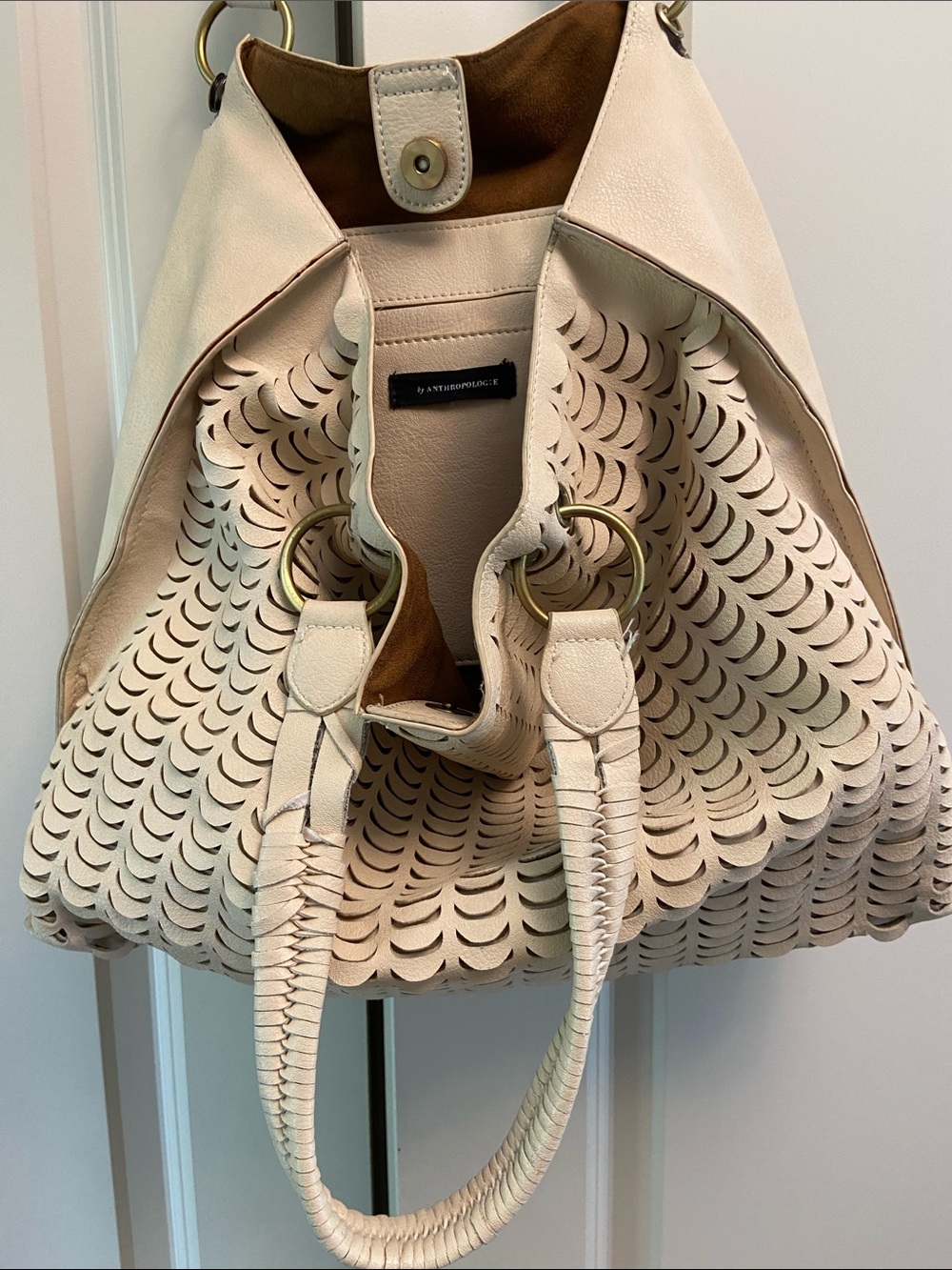 Anthropologie Cream Scalloped Laser-Cut Beachfront Tote Shoulder Bag